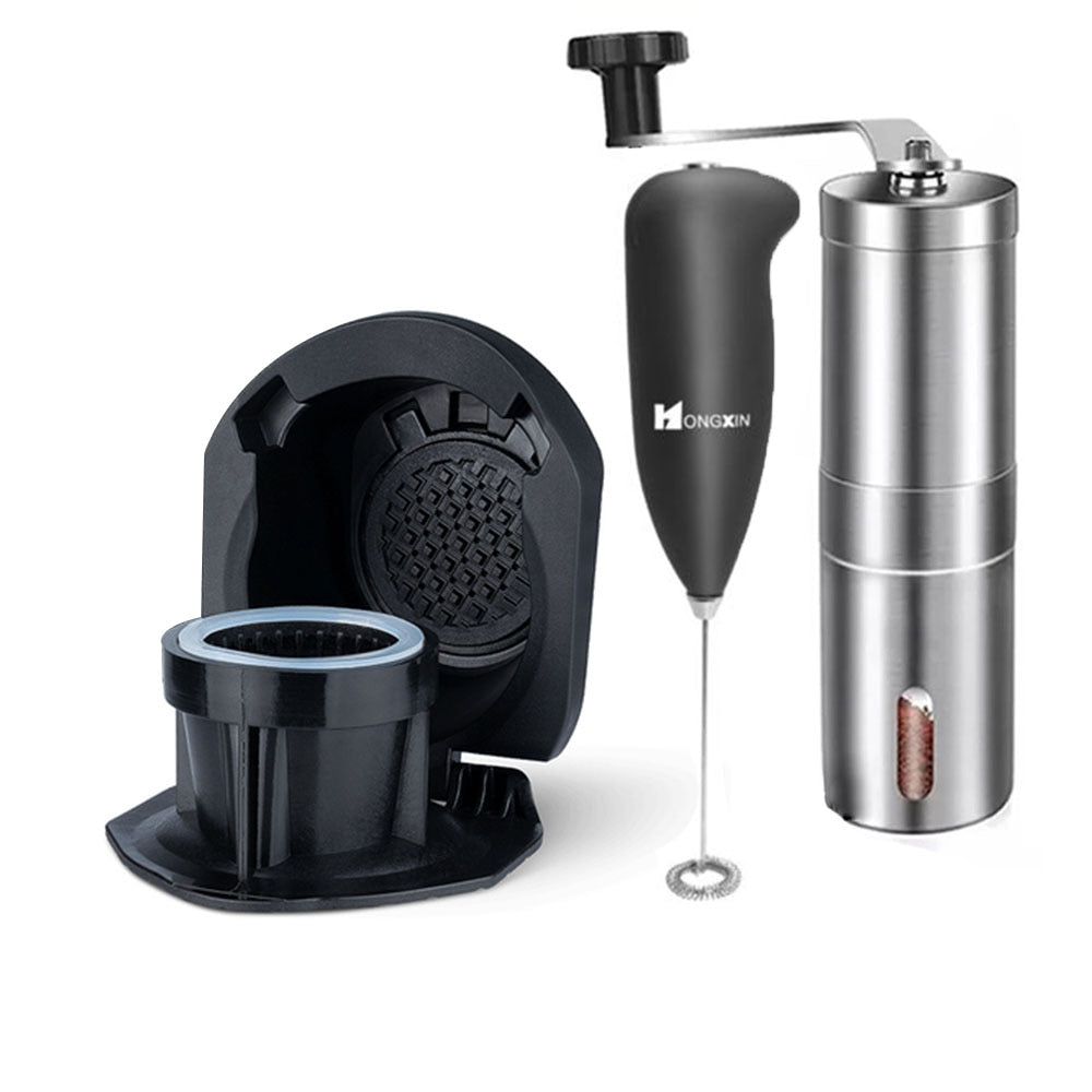 Coffee adapter #2 with milk frother and coffee grinder on a white background.
