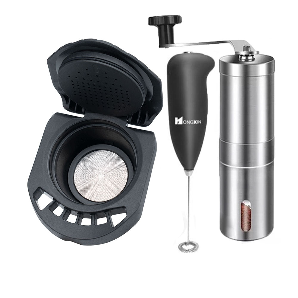 Coffee adapter #1, milk frother, and coffee grinder on a white background.