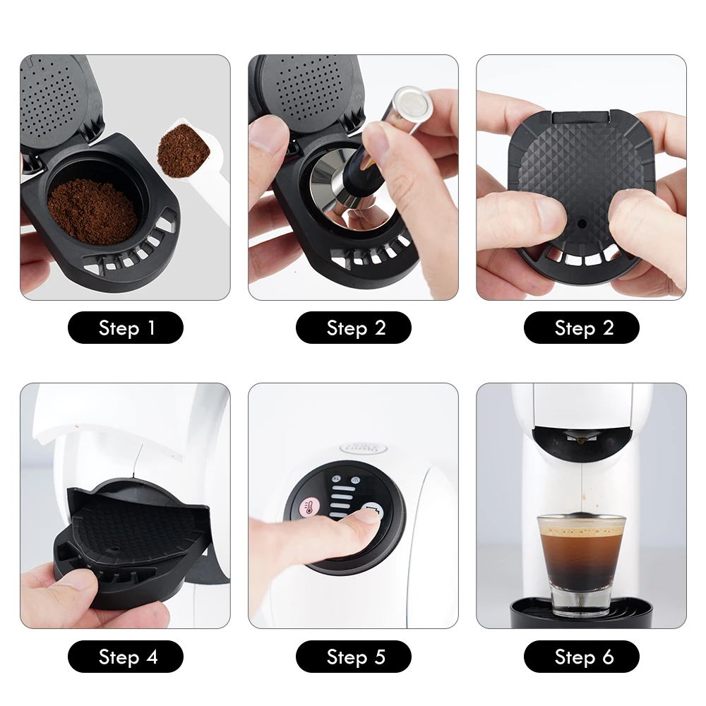 Step-by-step guide: 1. Fill adapter #1 with coffee. 2. Press tamper on coffee powder. 3. Close the adapter. 4. Insert the adapter into the compatible machine. 5. Turn the machine on. 6. Watch your espresso glass fill up.
