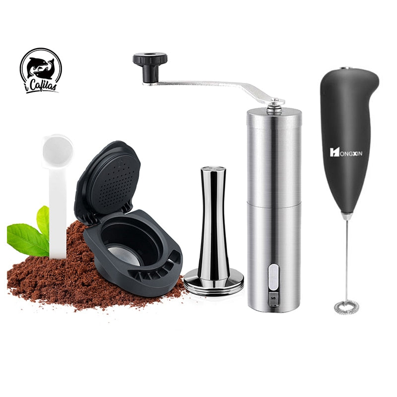 Coffee adapter #1 with temper, milk frother, and coffee grinder, on a bed of ground coffee.