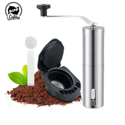 Coffee adapter #1 with coffee grinder, surrounded by ground coffee.