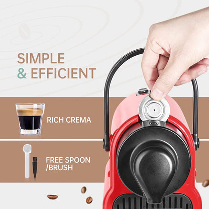 Nespresso machine with a hand inserting our stainless steel coffee capsule. Accessories include a scoop and a brush. Text: 'Simple & Efficient,' 'Free Spoon/Brush.' A glass shows 1/3 cream, 2/3 espresso with 'Rich Crema.