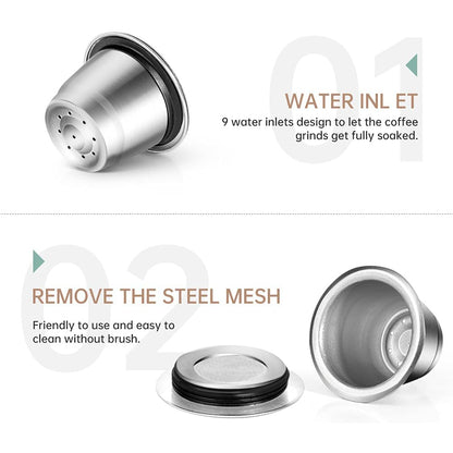 Two stainless steel coffee capsules. Upper left focuses on 9 water inlets design. Text: 'Water Inlet: 9 water inlets design to let the coffee grinds get fully soaked.' Lower right shows capsule with cap open. Text: 'Remove the Steel Mesh: Friendly use and easy to clean without a brush.' Includes a free brush and scoop.