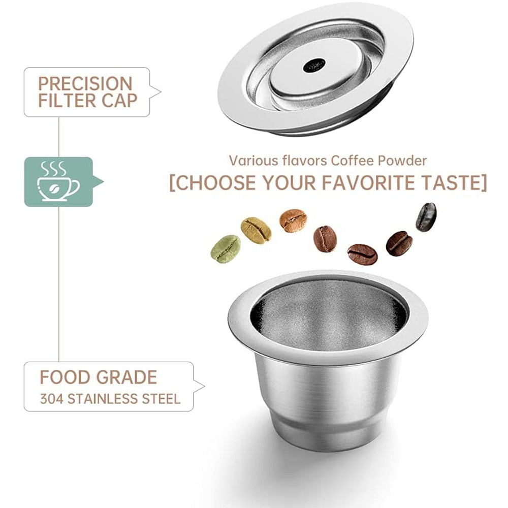 Stainless steel coffee capsule with cap floating above. Coffee beans between in space. Text: 'Various flavors Coffee Power [CHOOSE YOUR FAVORITE TASTE].' Includes a free brush and scoop.