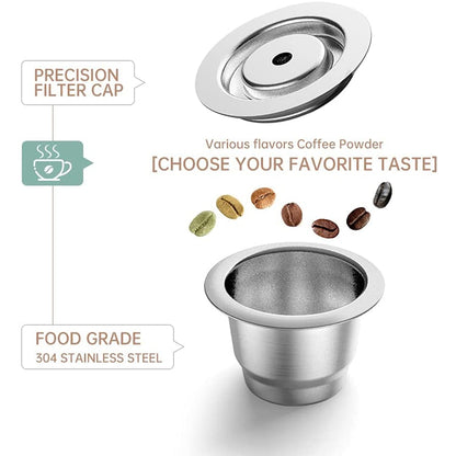Stainless steel coffee capsule with cap floating above. Coffee beans between in space. Text: 'Various flavors Coffee Power [CHOOSE YOUR FAVORITE TASTE].' Includes a free brush and scoop.