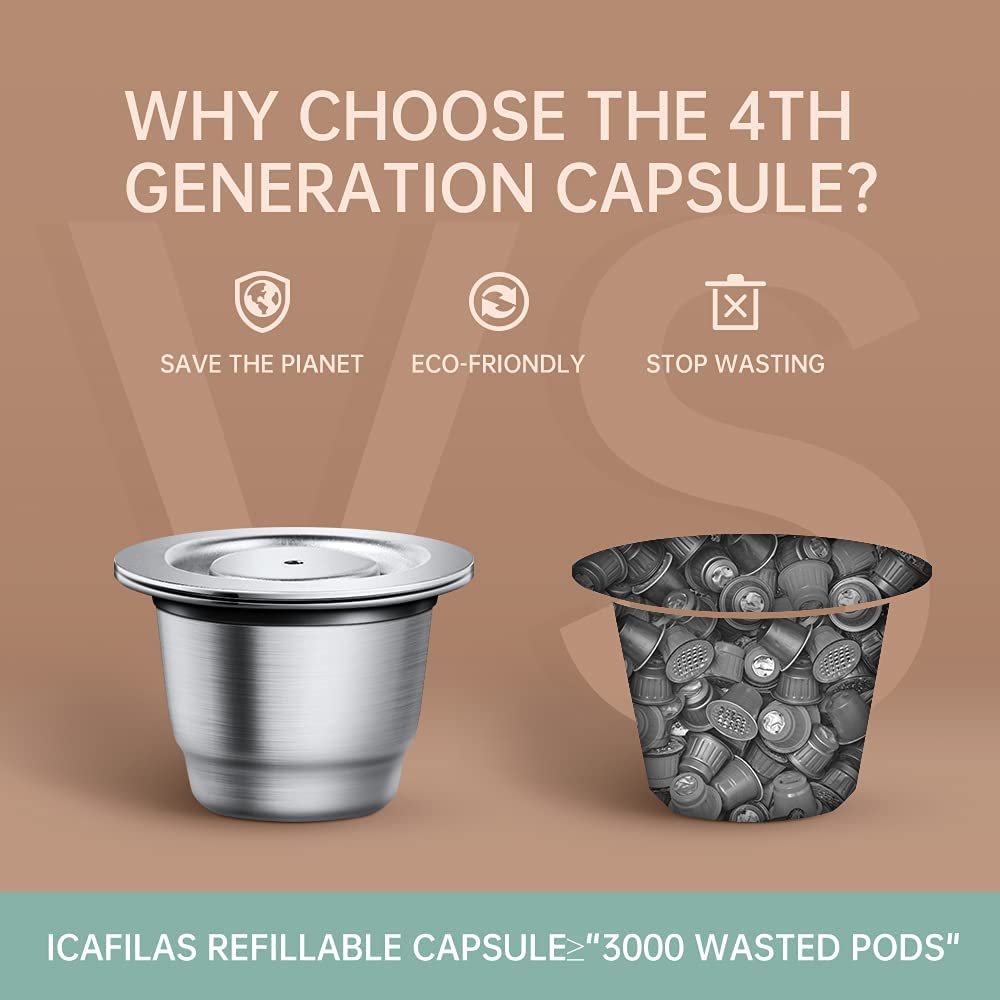 Comparison of 4th generation stainless steel coffee capsule and used capsules. Text: 'WHY CHOOSE THE 4TH GENERATION CAPSULE.' 'ICAFILAS REFILLABLE CAPSULE (bigger sign of math) 3000 WASTED PODS.' Includes a free brush and scoop.