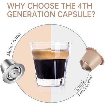 Comparison of crema levels with 4th generation stainless steel coffee capsule and plastic capsules. Text: 'WHY CHOOSE THE 4TH GENERATION CAPSULE.' On the left, 'More Crema,' above our capsule; on the right, 'Normal Level Crema' above plastic capsule. Includes a free brush and scoop.