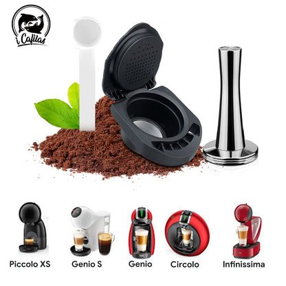 Reusable coffee adapter with temper, surrounded by ground coffee. Compatible with Picolo xs, Genio s, Genio, Circolo, Infinissima coffee machines.