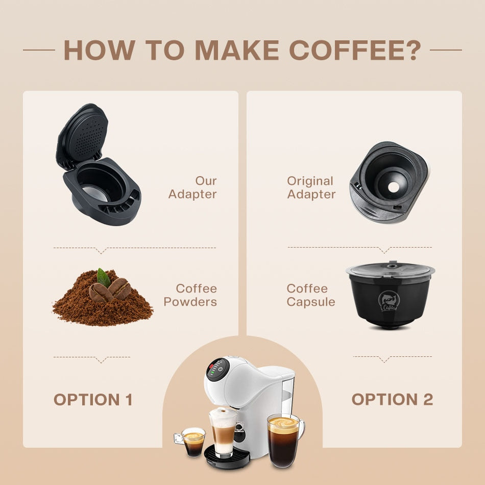 Comparison of coffee adapter #1 and original adapter. Option 1: Adapter #1 with a pile of coffee powders. Option 2: Original adapter and a ready coffee capsule.